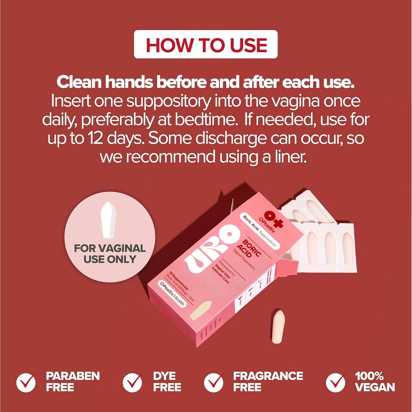 O Positiv URO Boric Acid Vaginal Suppository – with Lactic Acid, and Aloe for Fast Relief and Vaginal Odor Control – Vegan, Free from Parabens, Dyes, and Fragrances – 12 Count (Pack of 1)-HZ