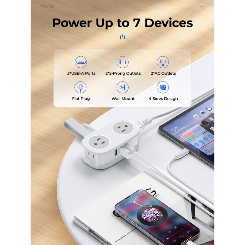 Travel Power Strip, 4 Outlets 3 USB Ports (1 USB C) with 4FT Wrapped Short Extension Cord Small Power Strip