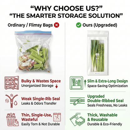 🔥 49% OFF Limited Offer – 🥬 50/100PCS Reusable Long Food Storage Bags, Double-Zip Seal Freshness Bags for Kitchen