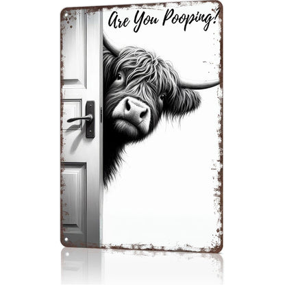 Vintage Highland Cow Sign – Funny"Are You Pooping?" Wall Decor😂