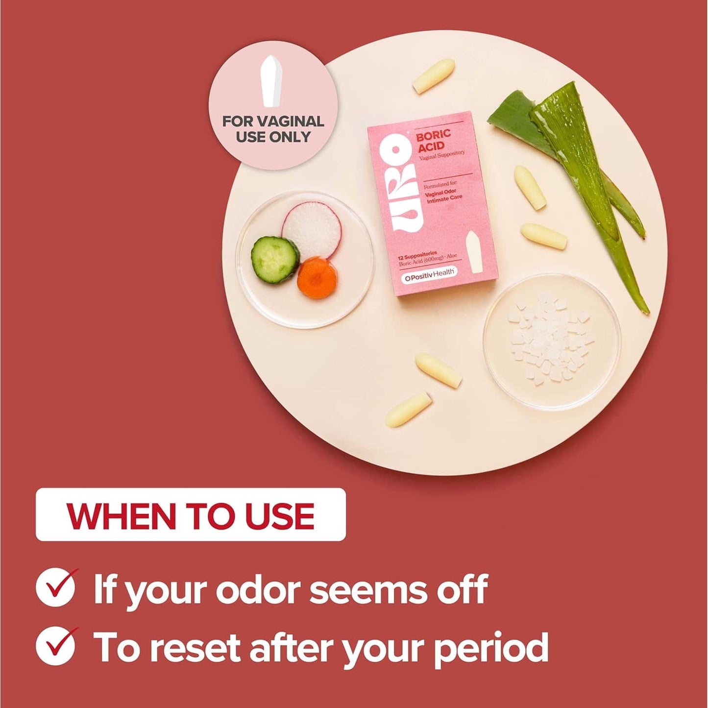 O Positiv URO Boric Acid Vaginal Suppository – with Lactic Acid, and Aloe for Fast Relief and Vaginal Odor Control – Vegan, Free from Parabens, Dyes, and Fragrances – 12 Count (Pack of 1)-HZ